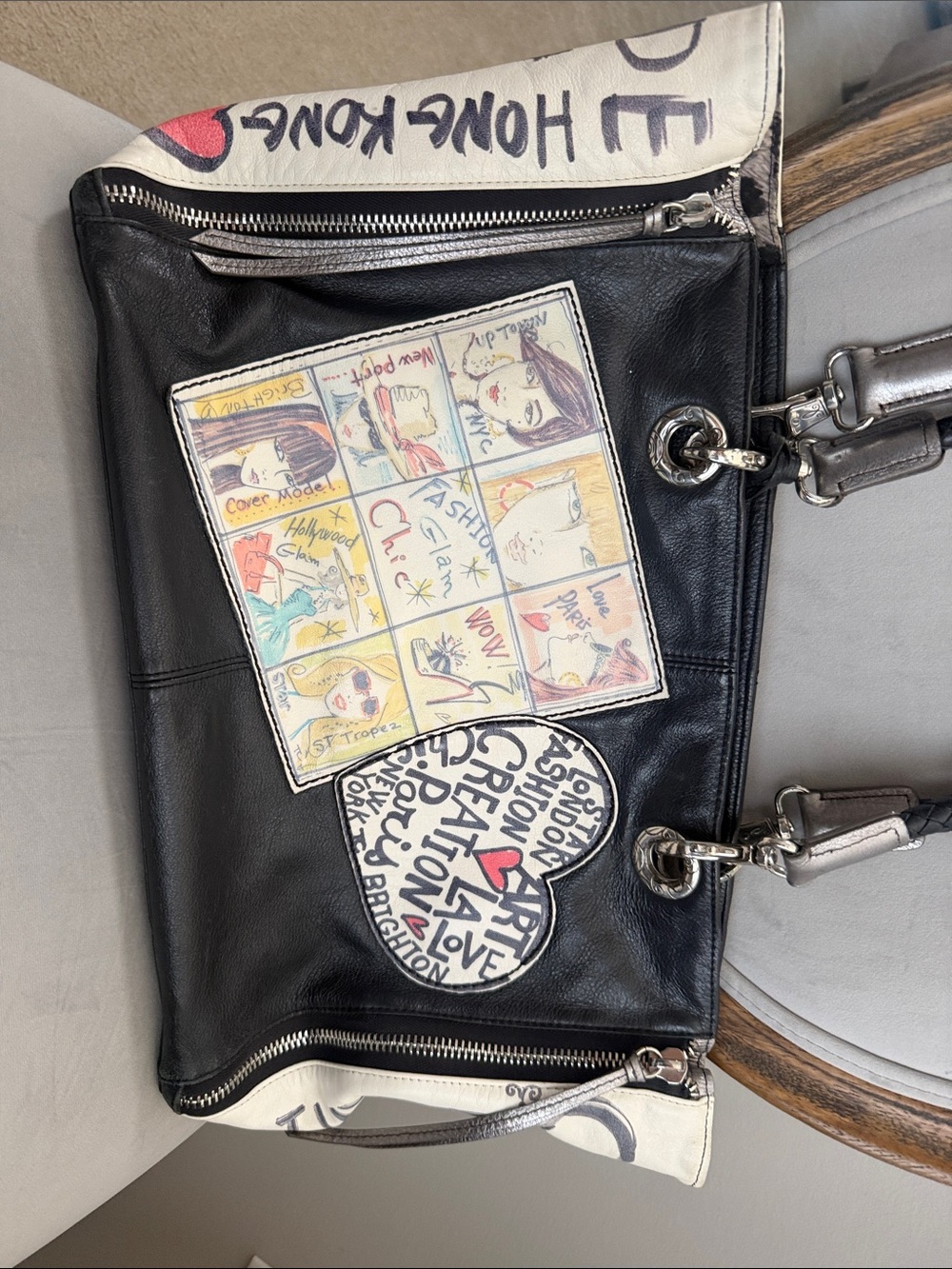 Brighton Black Leather Tote with Comic Patch and Heart Graphic